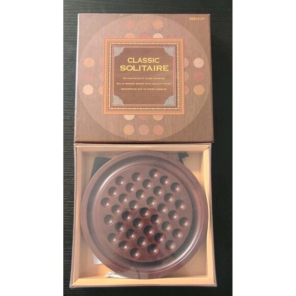 B&N Classic Solitaire 32 Glass Marbles 7.5" Solid Wooden Board Walnut Finish NEW - Picture 3 of 11